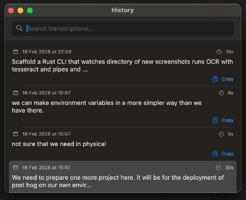 VoxTap Verlaufspanel mit durchsuchbaren Transkriptionen und Zeitstempeln