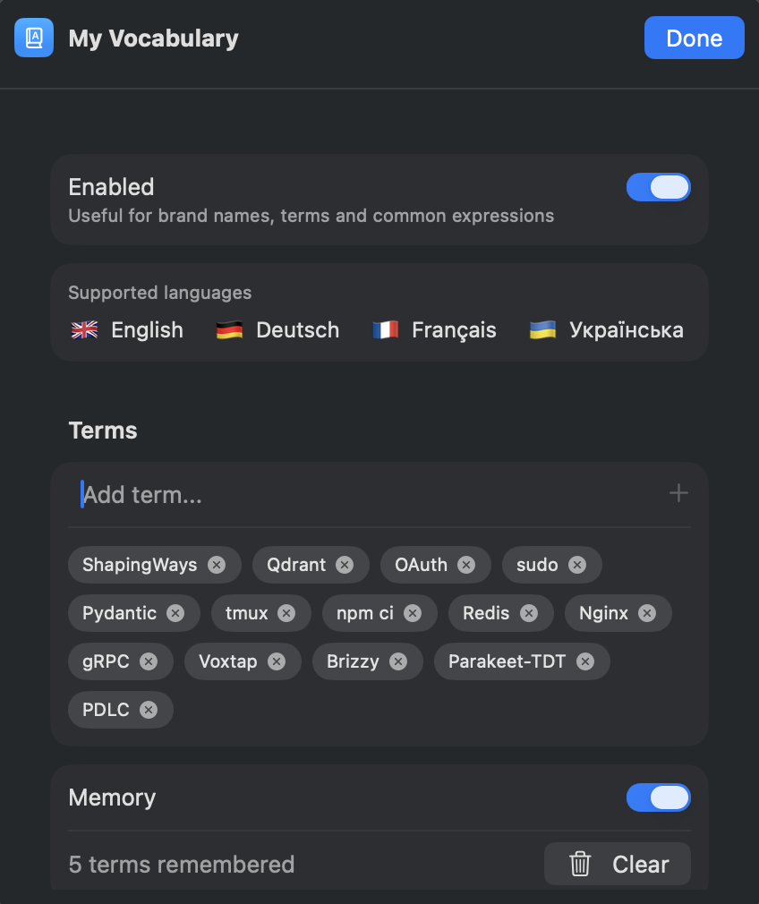 My Vocabulary settings with custom terms like Qdrant, gRPC and Parakeet-TDT