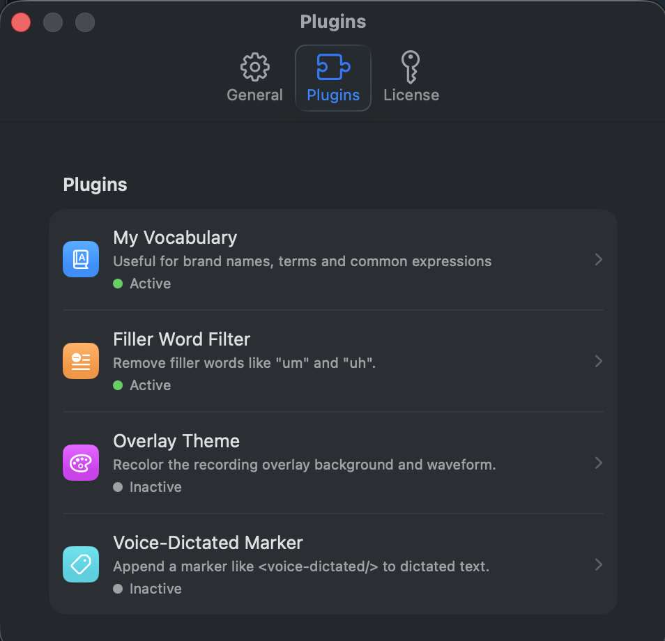 VoxTap plugin settings listing My Vocabulary, Filler Word Filter, Overlay Theme and Voice-Dictated Marker